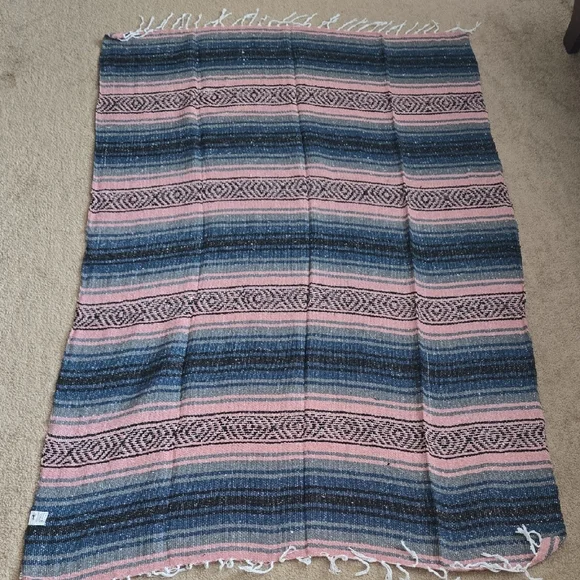 Pink and Blue Striped Blanket with Fringe - Picture 3 of 3